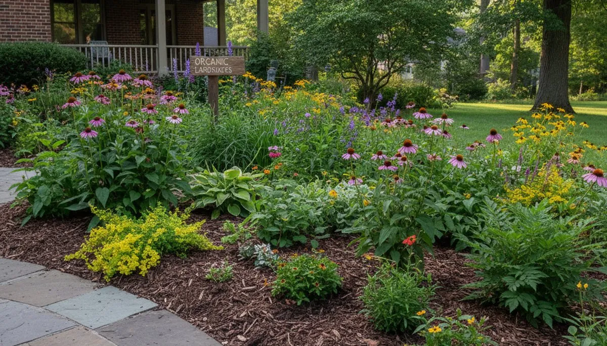 Organic landscape beds with natural mulch and native plants in Cincinnati, OH by Chop Chop Landscaping