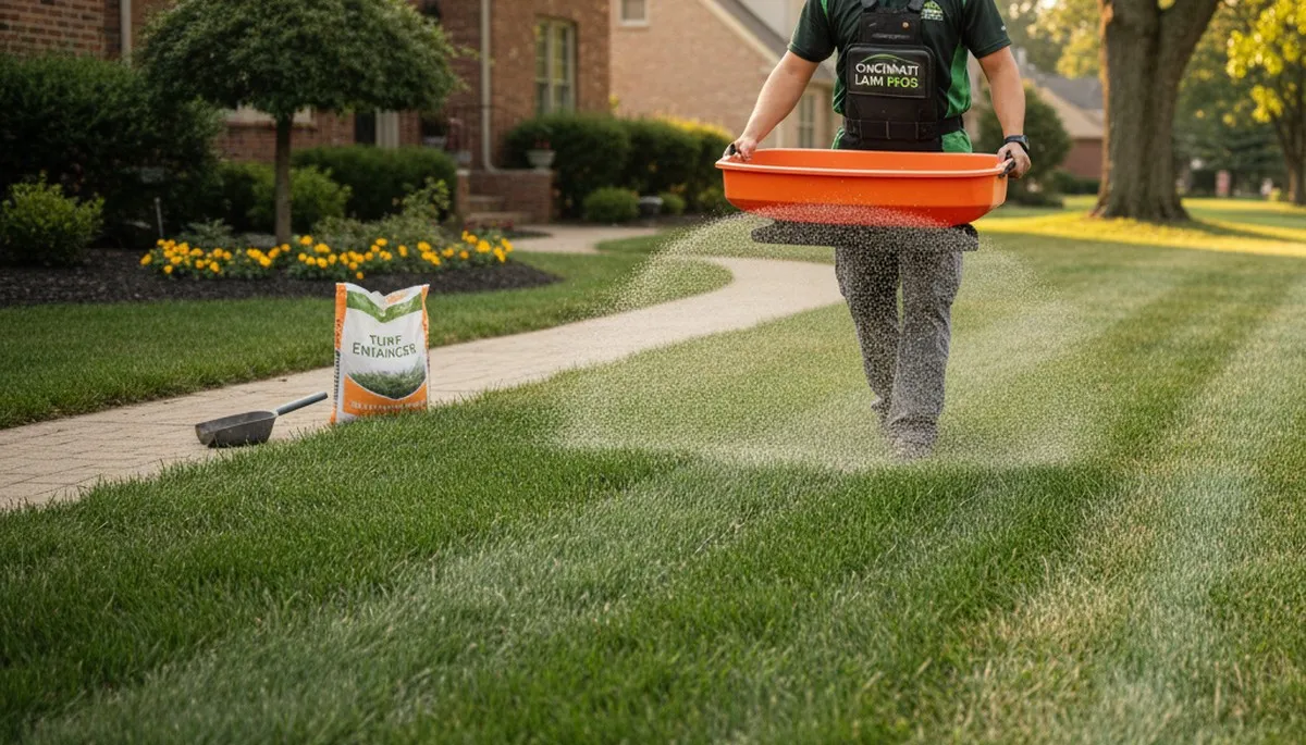 Lawn care technician applying fertilizer with broadcast spreader on residential lawn in Cincinnati, OH